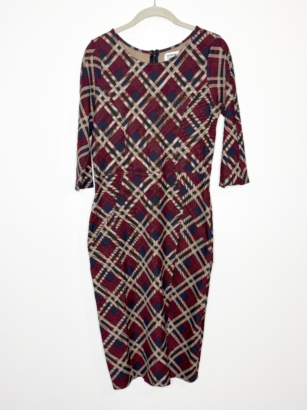 Unique Vintage XL Plaid Midi Dress Burgundy Navy Retro 3/4 Sleeve